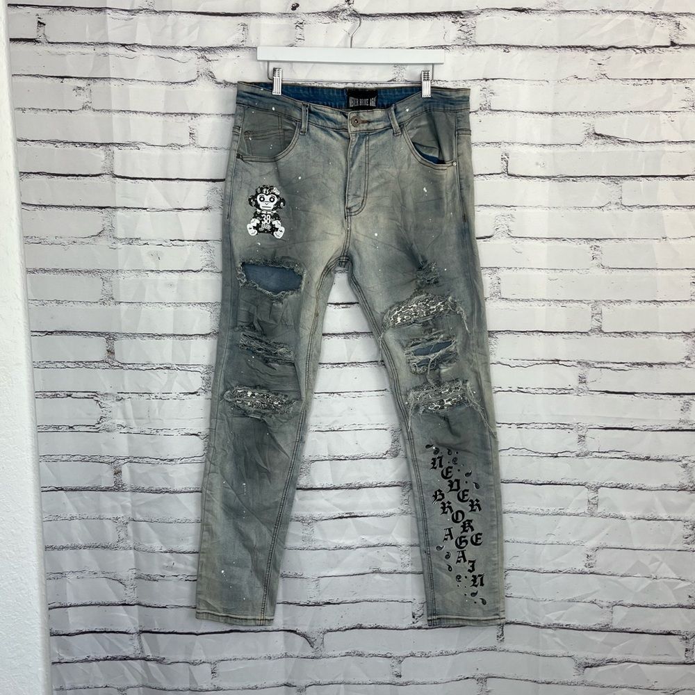 Never Broke Again NBA YoungBoy Men’s 38 Ripped Straight Jeans Paint Splatter